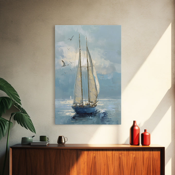 Coastal Inn Sailboat at Sunrise Framed Canvas Print, Bed and Breakfast Art, Printable, Living Room Decor, Fine Art, BAB-2x3-1