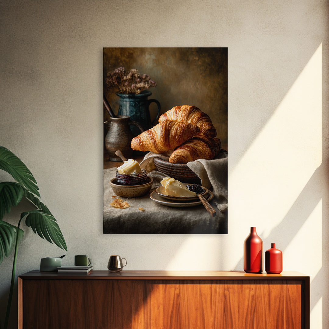Fresh Croissants and Jam on a Linen Canvas Print, Bed and Breakfast Art, Contemporary Art, Living Room Decor, Abstract Art, BAB-2x3-10