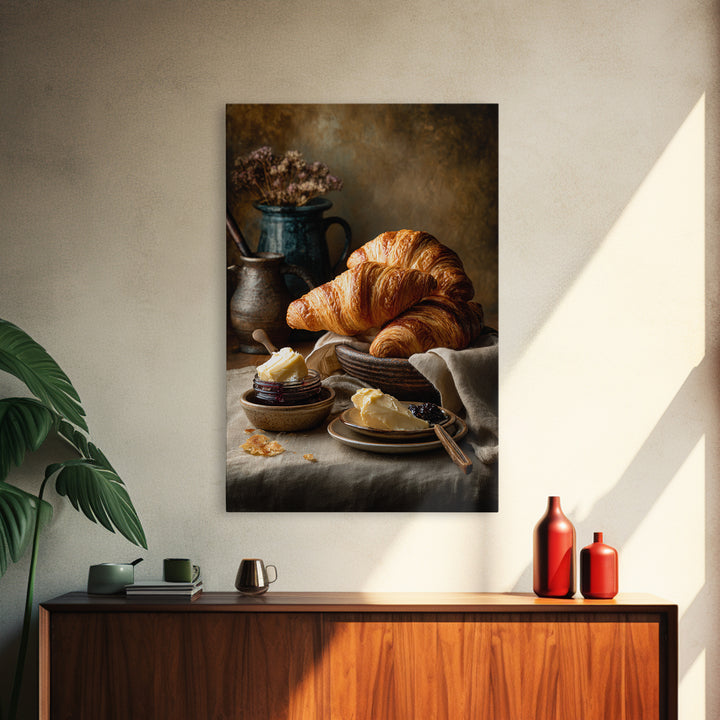 Fresh Croissants and Jam on a Linen Canvas Print, Bed and Breakfast Art, Contemporary Art, Living Room Decor, Abstract Art, BAB-2x3-10