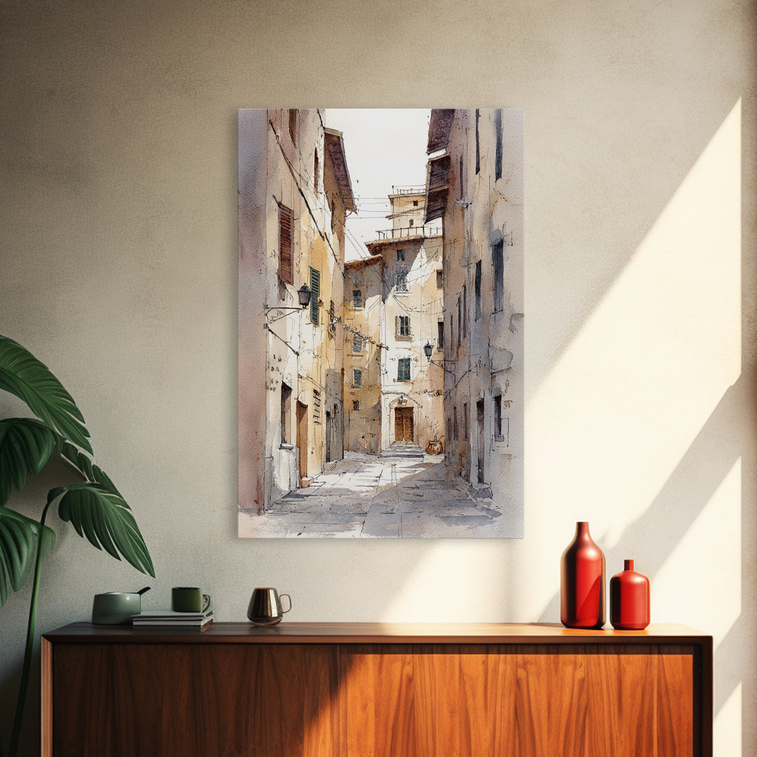 Soft Watercolor Village Street at Dawn Framed Canvas Print, Bed and Breakfast Art, Abstract Art, Living Room Decor, Fine Art, BAB-2x3-13