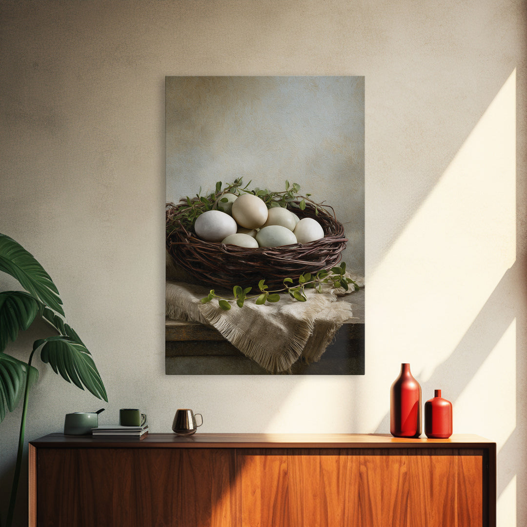 Fresh Eggs in a Woven Basket with Canvas Print, Bed and Breakfast Art, Wall Art, Living Room Decor, Oil Painting, BAB-2x3-14