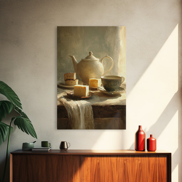 Porcelain Teapot and Scones Framed Canvas Print, Bed and Breakfast Art, Farmhouse Decor, Living Room Decor, Oil Painting, BAB-2x3-20