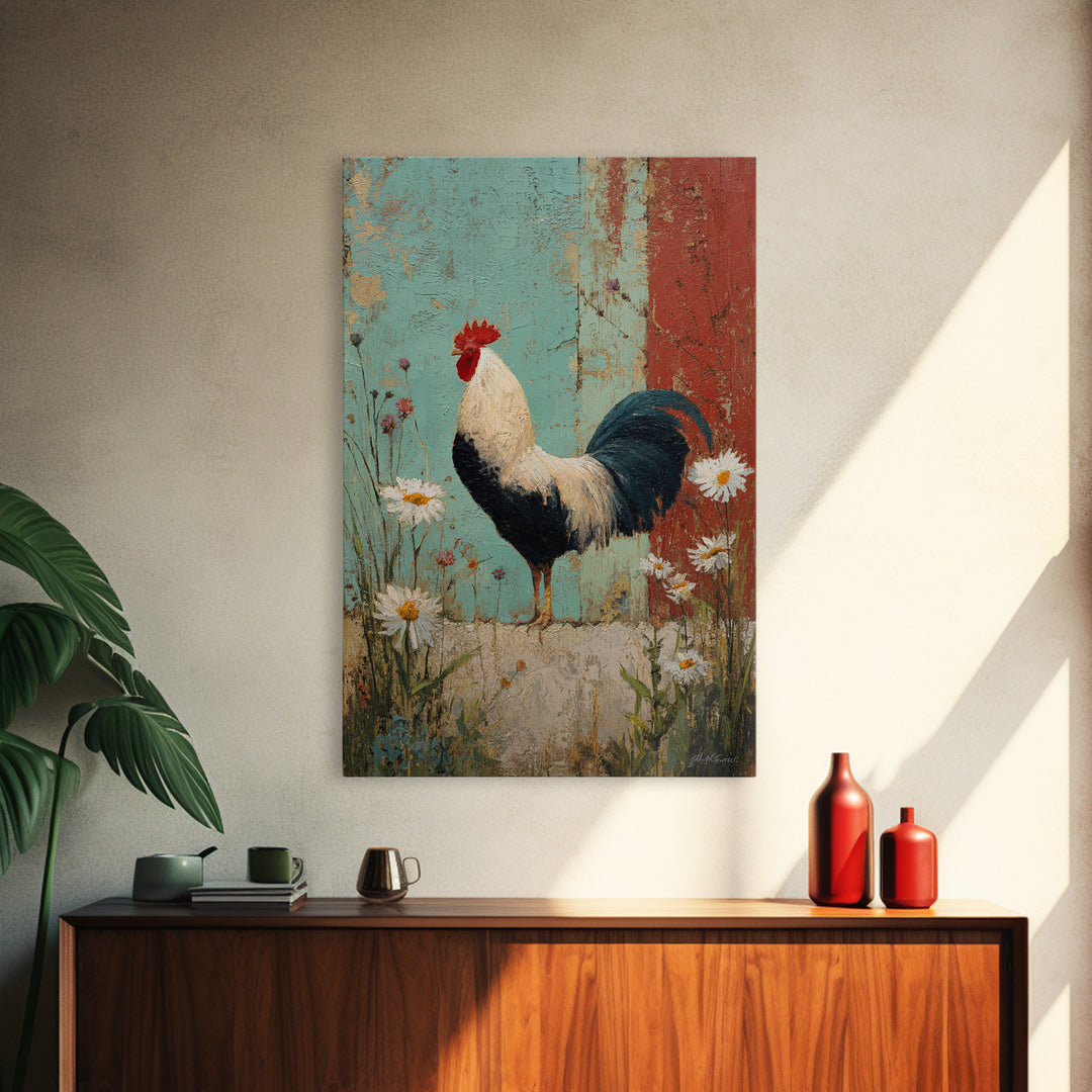 Rooster and Wildflower Country Portrait Canvas Print, Bed and Breakfast Art, Room Decor, Living Room Decor, Dopamine Decor, BAB-2x3-3