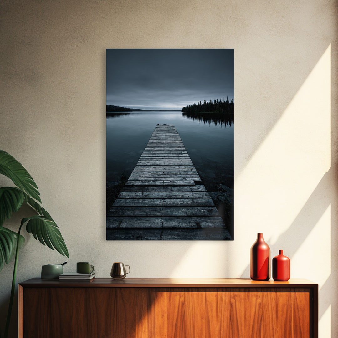 Quiet Lake Dock at Early Morning Framed Canvas Print, Bed and Breakfast Art, Minimalist Decor, Living Room Decor, Oil Painting, BAB-2x3-30