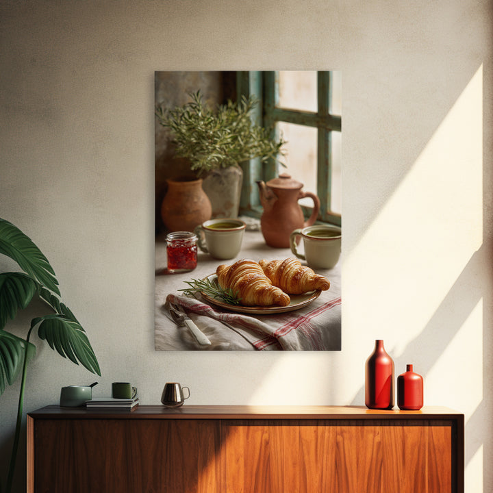 Fresh Croissants and Jam on a Linen Framed Canvas Print, Bed and Breakfast Art, Print, Living Room Decor, Abstract Art, BAB-2x3-34