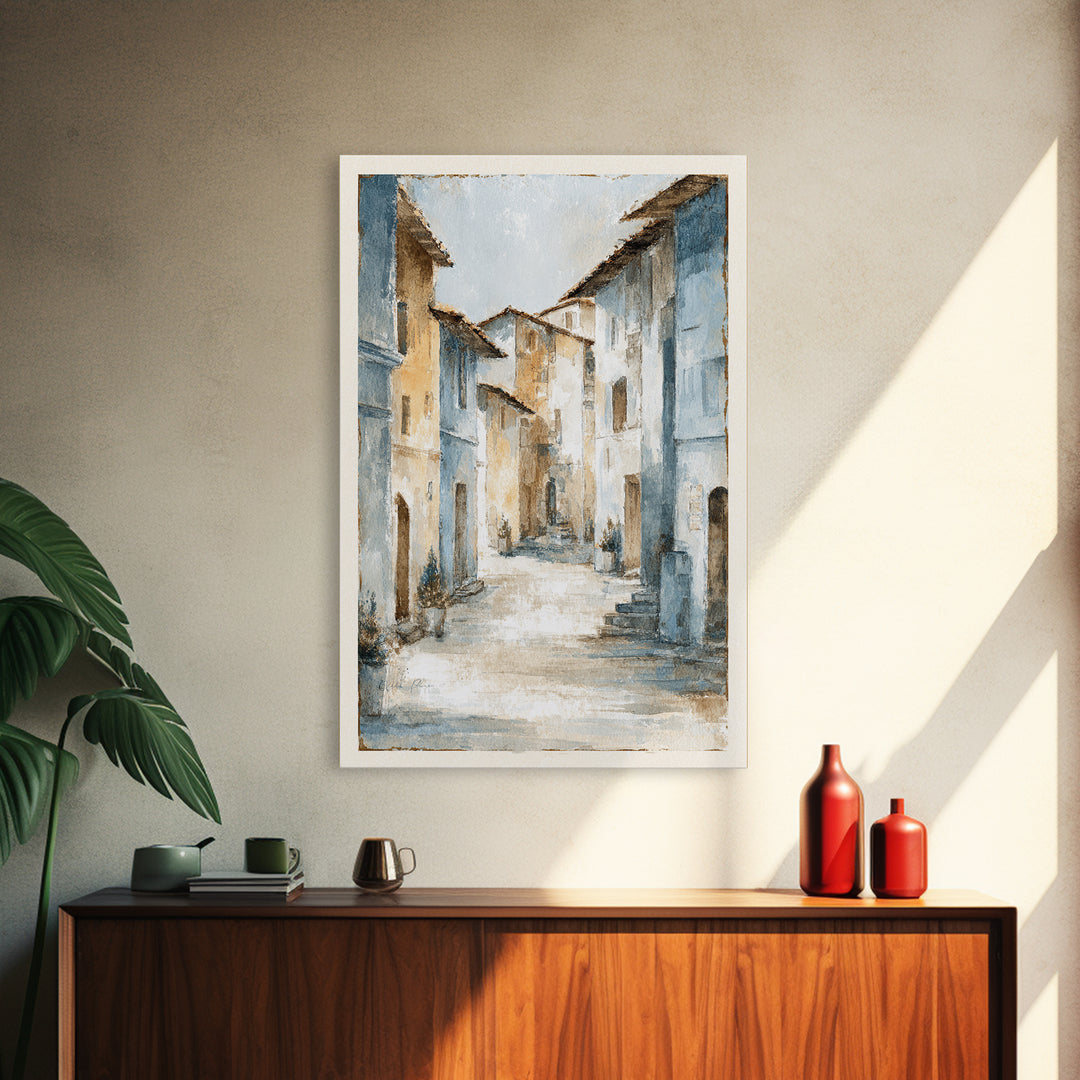 Soft Watercolor Village Street at Dawn Framed Canvas Print, Bed and Breakfast Art, Abstract Art, Living Room Decor, Fine Art, BAB-2x3-37