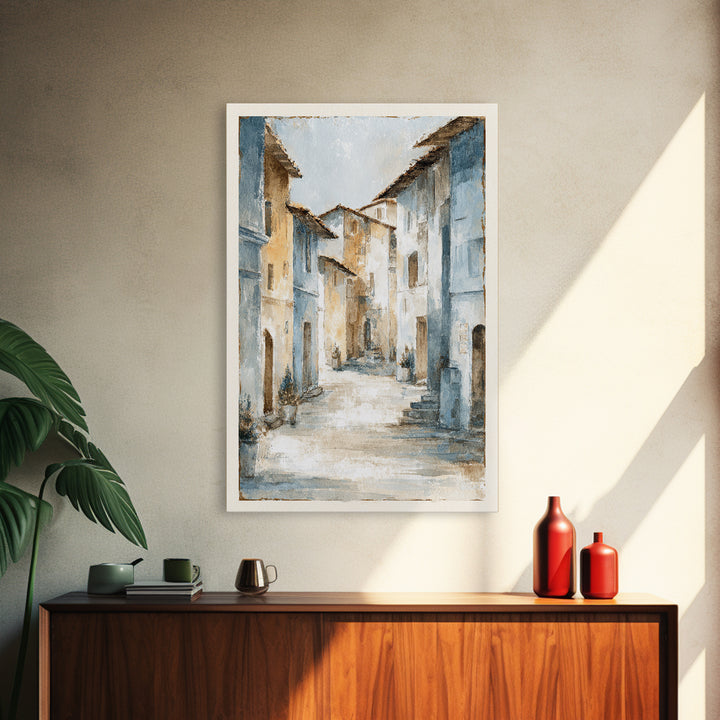 Soft Watercolor Village Street at Dawn Framed Canvas Print, Bed and Breakfast Art, Abstract Art, Living Room Decor, Fine Art, BAB-2x3-37