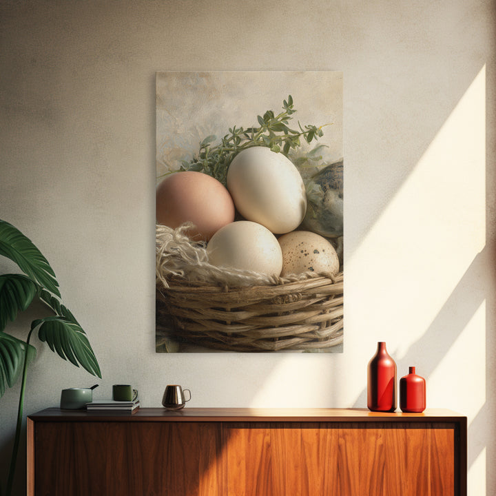 Fresh Eggs in a Woven Basket with Framed Canvas Print, Bed and Breakfast Art, Art Print, Living Room Decor, Fine Art, BAB-2x3-38