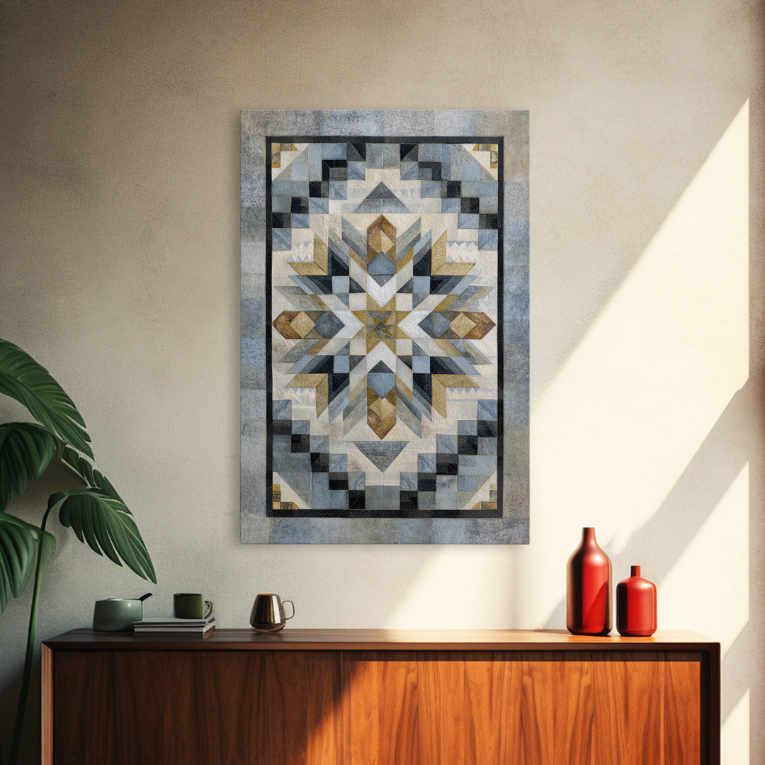 Quilt Pattern Folk Art Composition Framed Canvas Print, Bed and Breakfast Art, Abstract Art, Living Room Decor, Fine Art, BAB-2x3-43