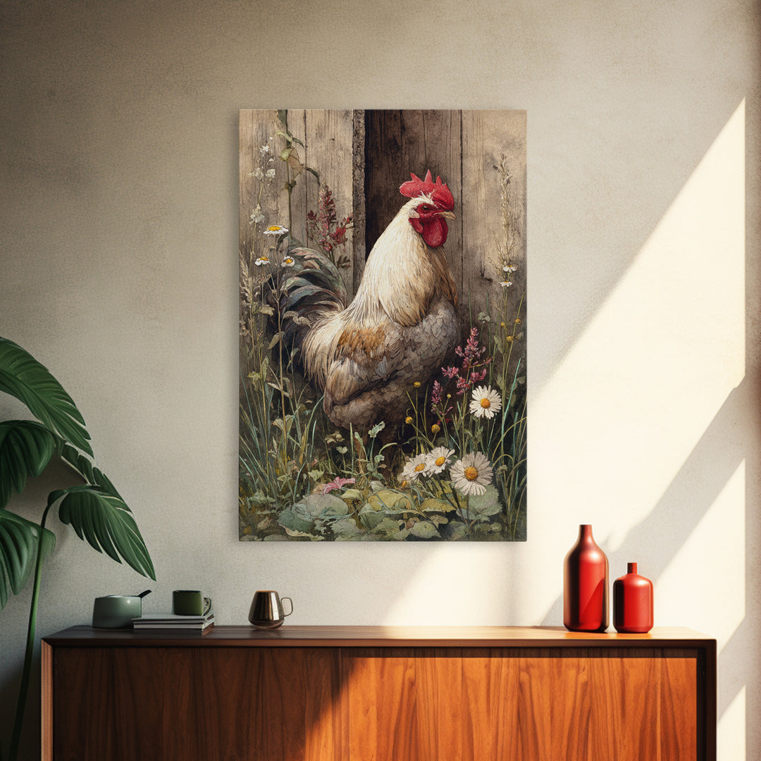Rooster and Wildflower Country Portrait Framed Canvas Print, Bed and Breakfast Art, Digital Art, Living Room Decor, Fine Art, BAB-2x3-51