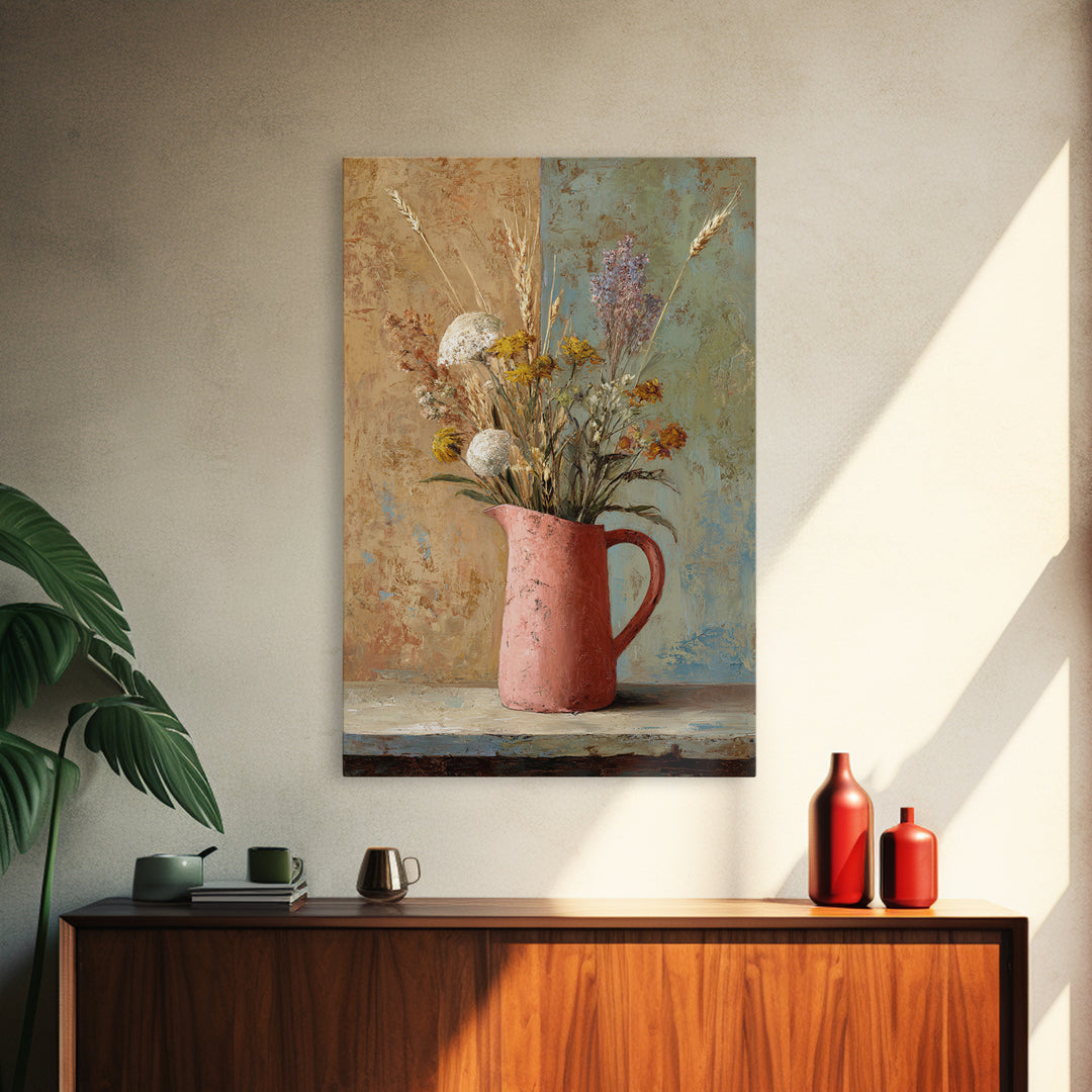 Country Wildflowers in a Chipped Ceramic Pitcher Canvas Print, Bed and Breakfast Art, Farmhouse Wall Decor, Living Room Decor, BAB-2x3-57
