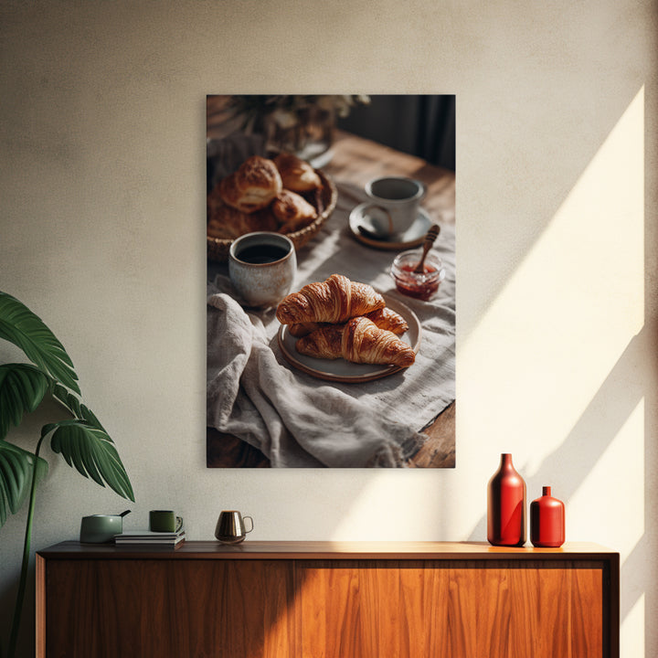 Fresh Croissants and Jam on a Linen Canvas Print, Bed and Breakfast Art, Abstract Art, Living Room Decor, Coffee Art, BAB-2x3-58