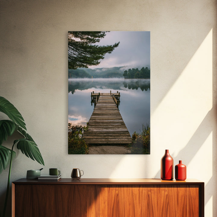 Quiet Lake Dock at Early Morning Framed Canvas Print, Bed and Breakfast Art, Minimalist Decor, Living Room Decor, Oil Painting, BAB-2x3-6
