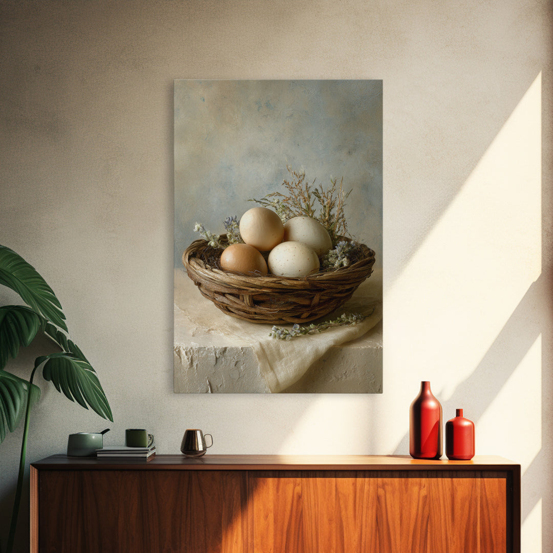 Fresh Eggs in a Woven Basket with Canvas Print, Bed and Breakfast Art, Bedroom Decor, Living Room Decor, Abstract Art, BAB-2x3-62