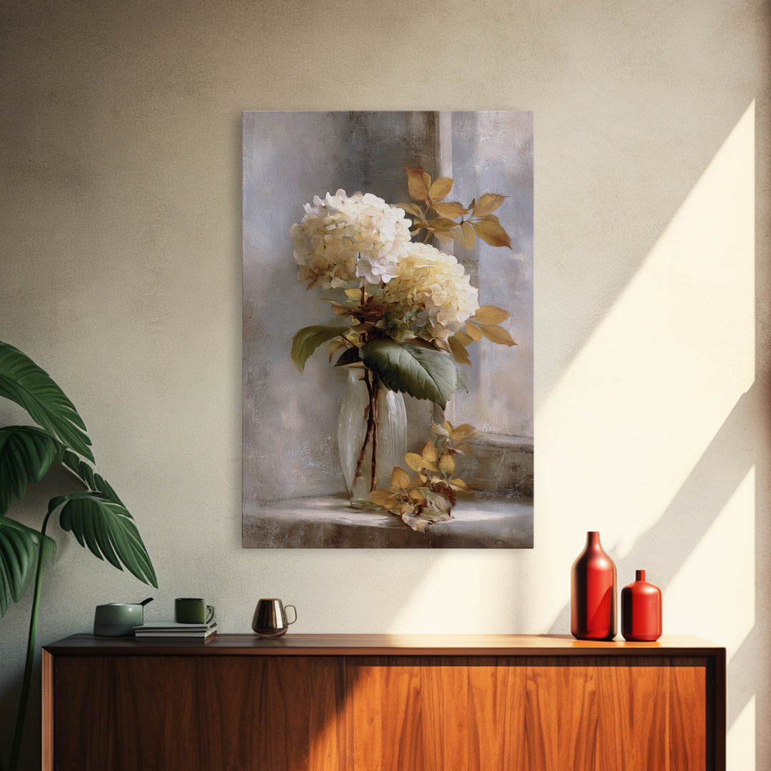Sunlit Hydrangeas on a Windowsill Canvas Print, Bed and Breakfast Art, Digital Art, Living Room Decor, Oil Painting, BAB-2x3-66