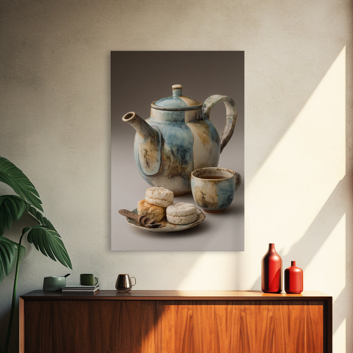 Porcelain Teapot and Scones Framed Canvas Print, Bed and Breakfast Art, Bed, Living Room Decor, Fine Art, Rustic Home Decor, BAB-2x3-68