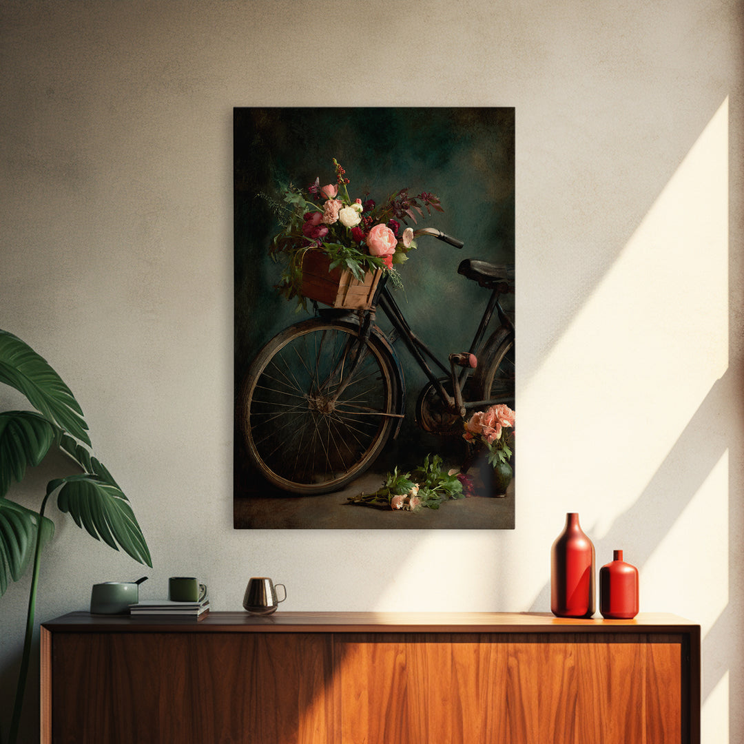 Old Bicycle with Flowers in Basket Canvas Print, Bed and Breakfast Art, Fine Art Print, Living Room Decor, Watercolor Art, BAB-2x3-7