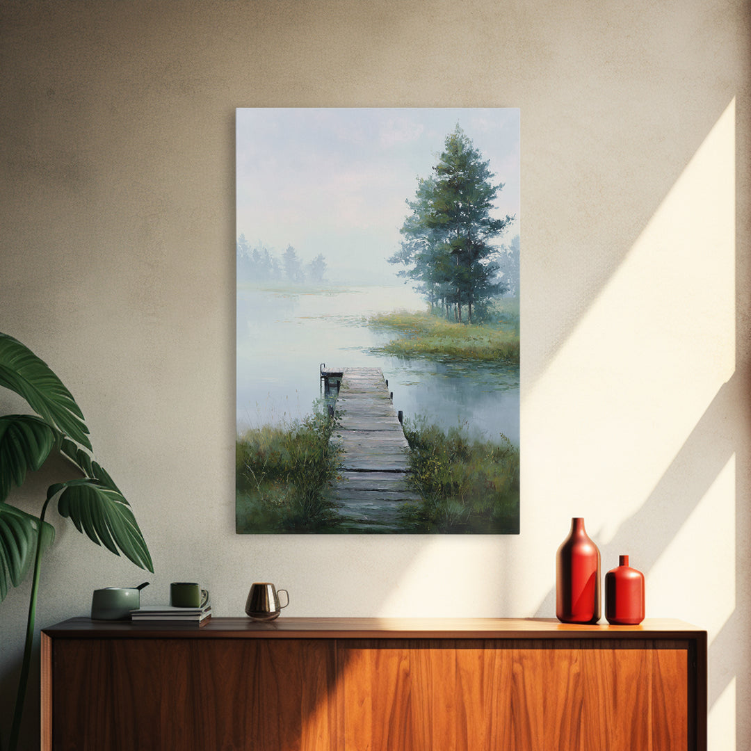 Quiet Lake Dock at Early Morning Framed Canvas Print, Bed and Breakfast Art, Canvas Wall Art, Living Room Decor, Fine Art, BAB-2x3-78