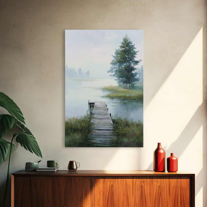 Quiet Lake Dock at Early Morning Framed Canvas Print, Bed and Breakfast Art, Canvas Wall Art, Living Room Decor, Fine Art, BAB-2x3-78