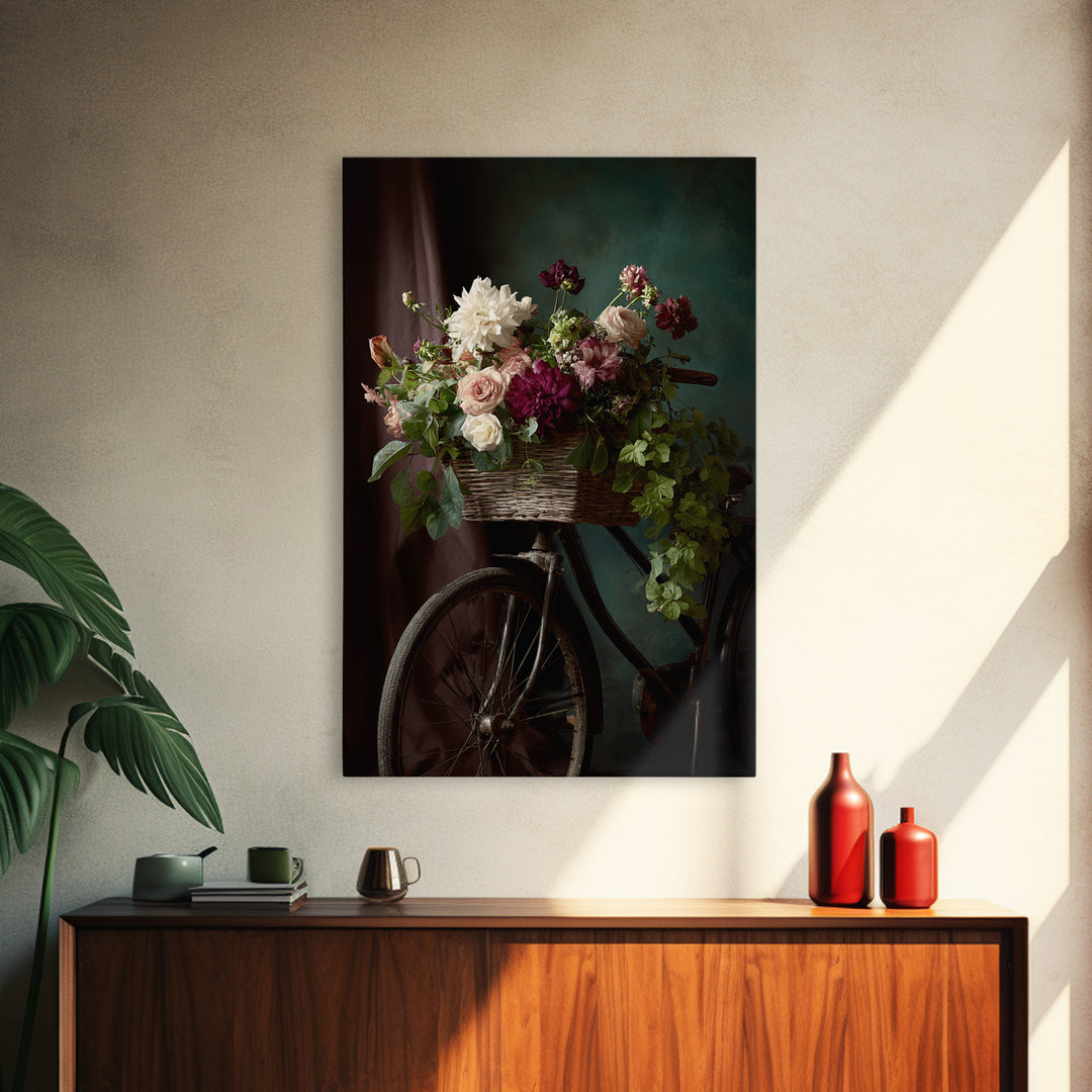 Old Bicycle with Flowers in Basket Canvas Print, Bed and Breakfast Art, Printable Art, Living Room Decor, Watercolor Art, BAB-2x3-79