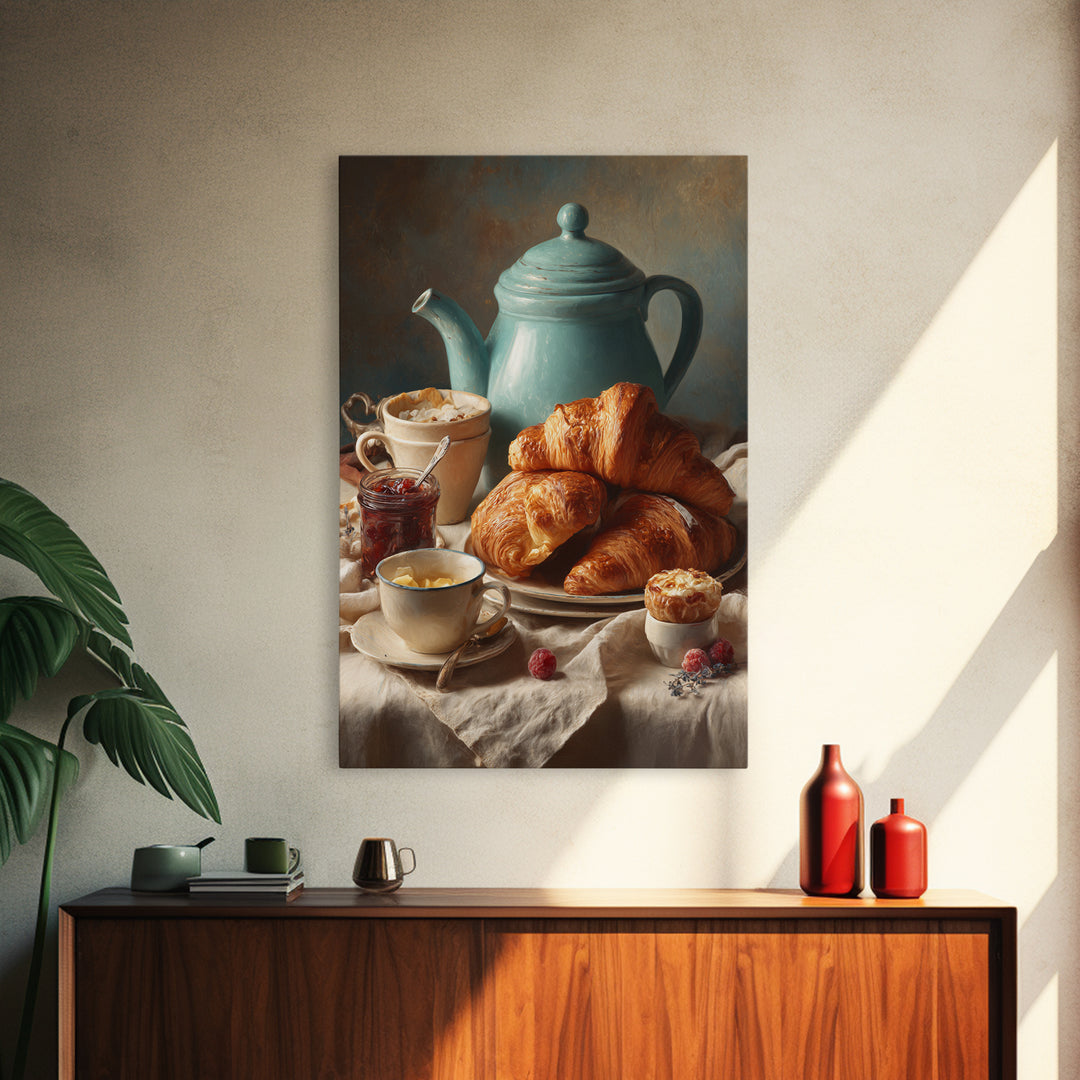 Fresh Croissants and Jam on a Linen Canvas Print, Bed and Breakfast Art, Abstract Art, Living Room Decor, Coffee Art, BAB-2x3-82