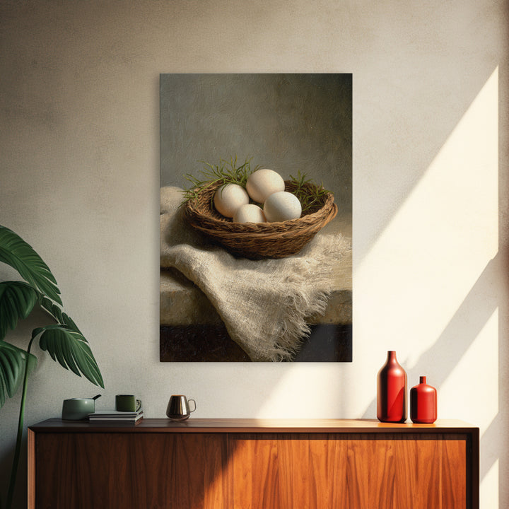 Fresh Eggs in a Woven Basket with Canvas Print, Bed and Breakfast Art, Bedroom Decor, Living Room Decor, Abstract Art, BAB-2x3-86