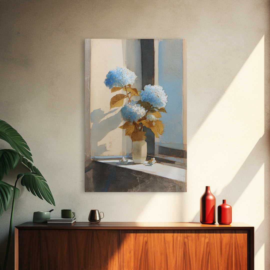 Sunlit Hydrangeas on a Windowsill Framed Canvas Print, Bed and Breakfast Art, Wood Wall Art, Living Room Decor, Fine Art, BAB-2x3-90