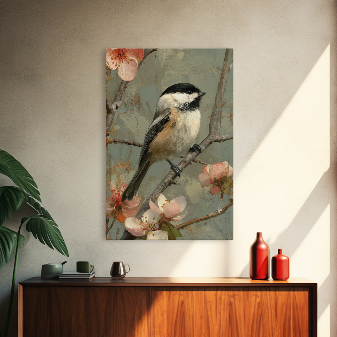 Small Bird on a Flowering Branch Framed Canvas Print, Bed and Breakfast Art, Printable Art, Living Room Decor, Watercolor Art, BAB-2x3-94
