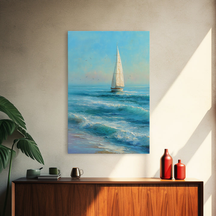 Coastal Inn Sailboat at Sunrise Framed Canvas Print, Bed and Breakfast Art, Bedroom Wall Art, Living Room Decor, Fine Art, BAB-2x3-97