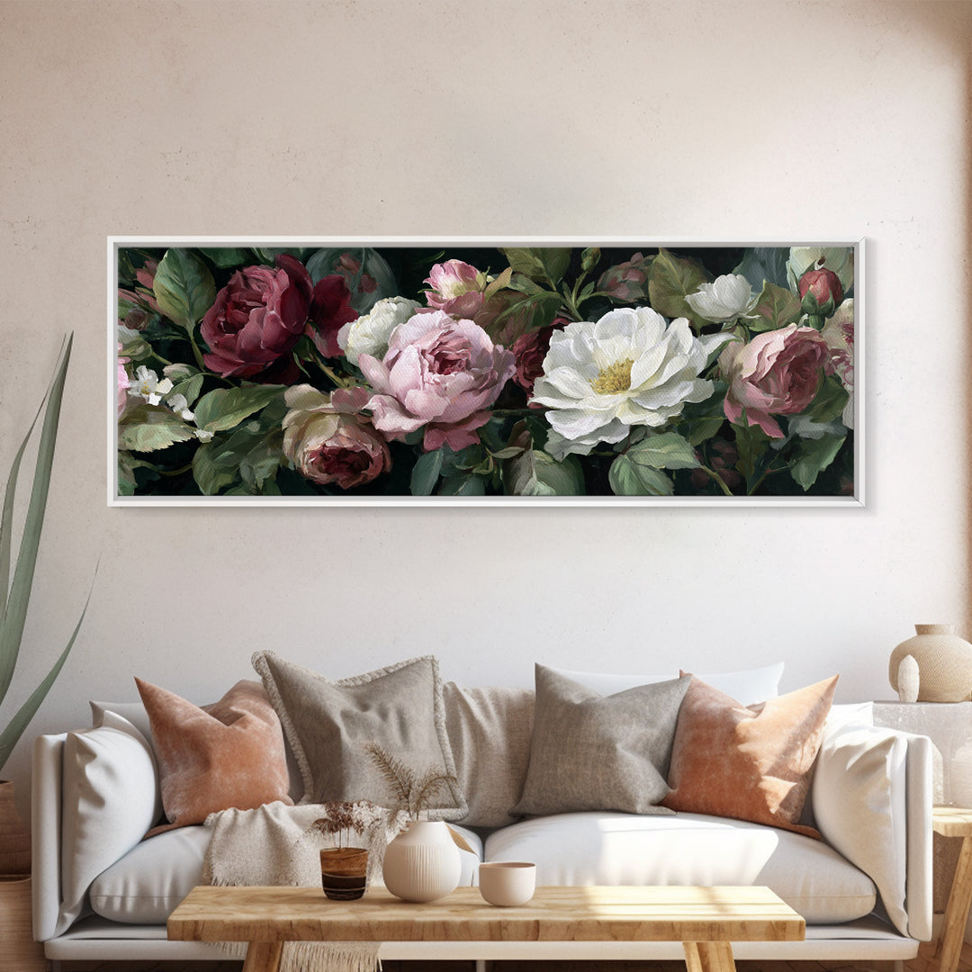 Garden Roses in Romantic Oil Paint Canvas Print, Bed and Breakfast Art, Bed, Living Room Decor, Oil Painting, BAB-3x1-13