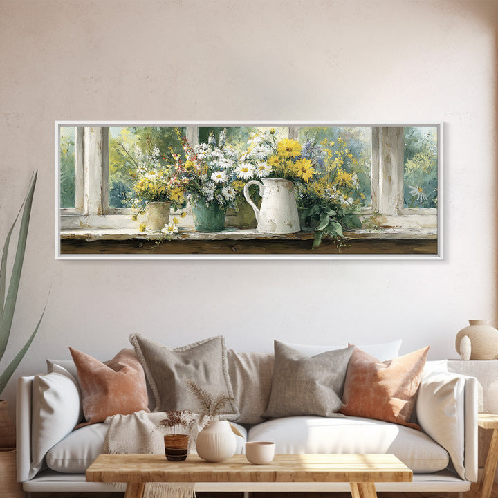 Country Wildflowers in a Chipped Ceramic Pitcher Canvas Print, Bed and Breakfast Art, Trendy Wall Art, Living Room Decor, BAB-3x1-17