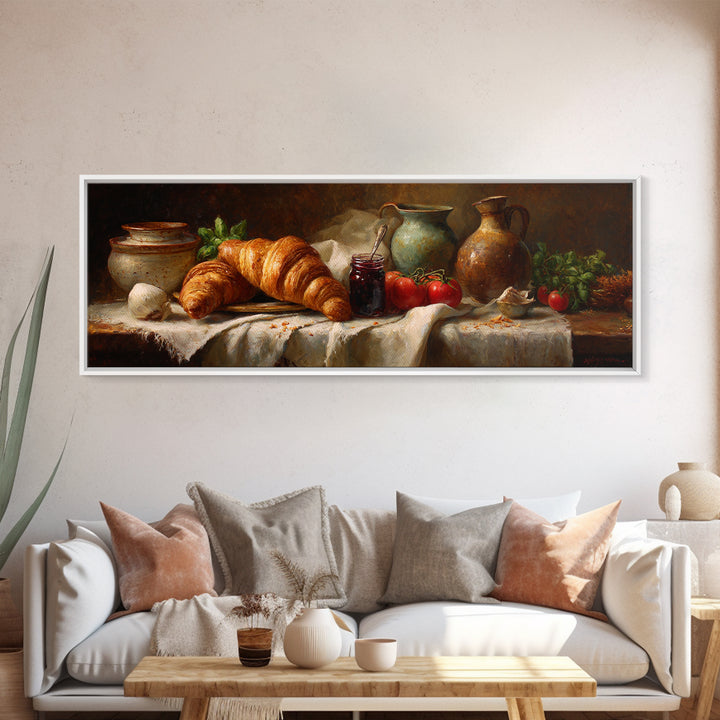 Fresh Croissants and Jam on a Linen Framed Canvas Print, Bed and Breakfast Art, Printable Art, Living Room Decor, Abstract Art, BAB-3x1-18