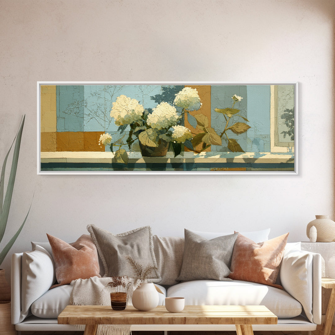 Sunlit Hydrangeas on a Windowsill Framed Canvas Print, Bed and Breakfast Art, Canvas Wall Art, Living Room Decor, Fine Art, BAB-3x1-2