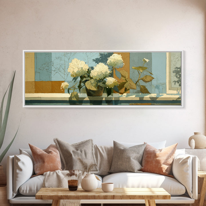 Sunlit Hydrangeas on a Windowsill Framed Canvas Print, Bed and Breakfast Art, Canvas Wall Art, Living Room Decor, Fine Art, BAB-3x1-2