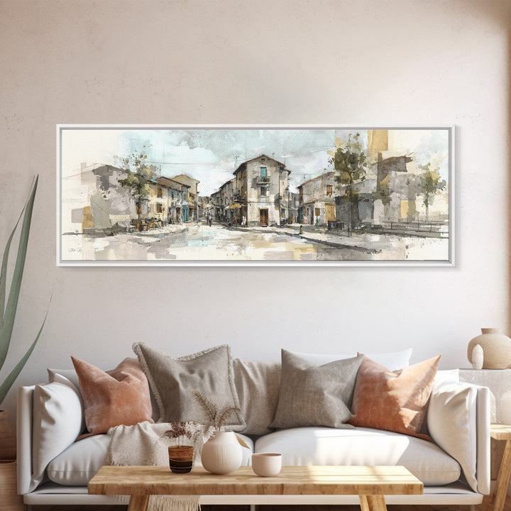 Soft Watercolor Village Street at Dawn Canvas Print, Bed and Breakfast Art, Farmhouse Wall Art, Living Room Decor, Fine Art, BAB-3x1-21