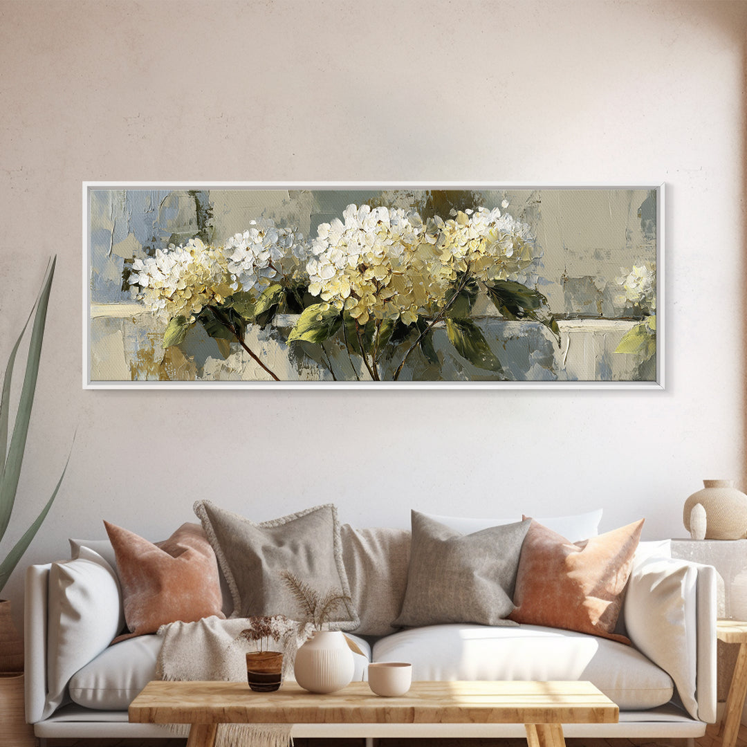 Sunlit Hydrangeas on a Windowsill Canvas Print, Bed and Breakfast Art, Living Room Decor, Watercolor Art, Folk Art, BAB-3x1-26