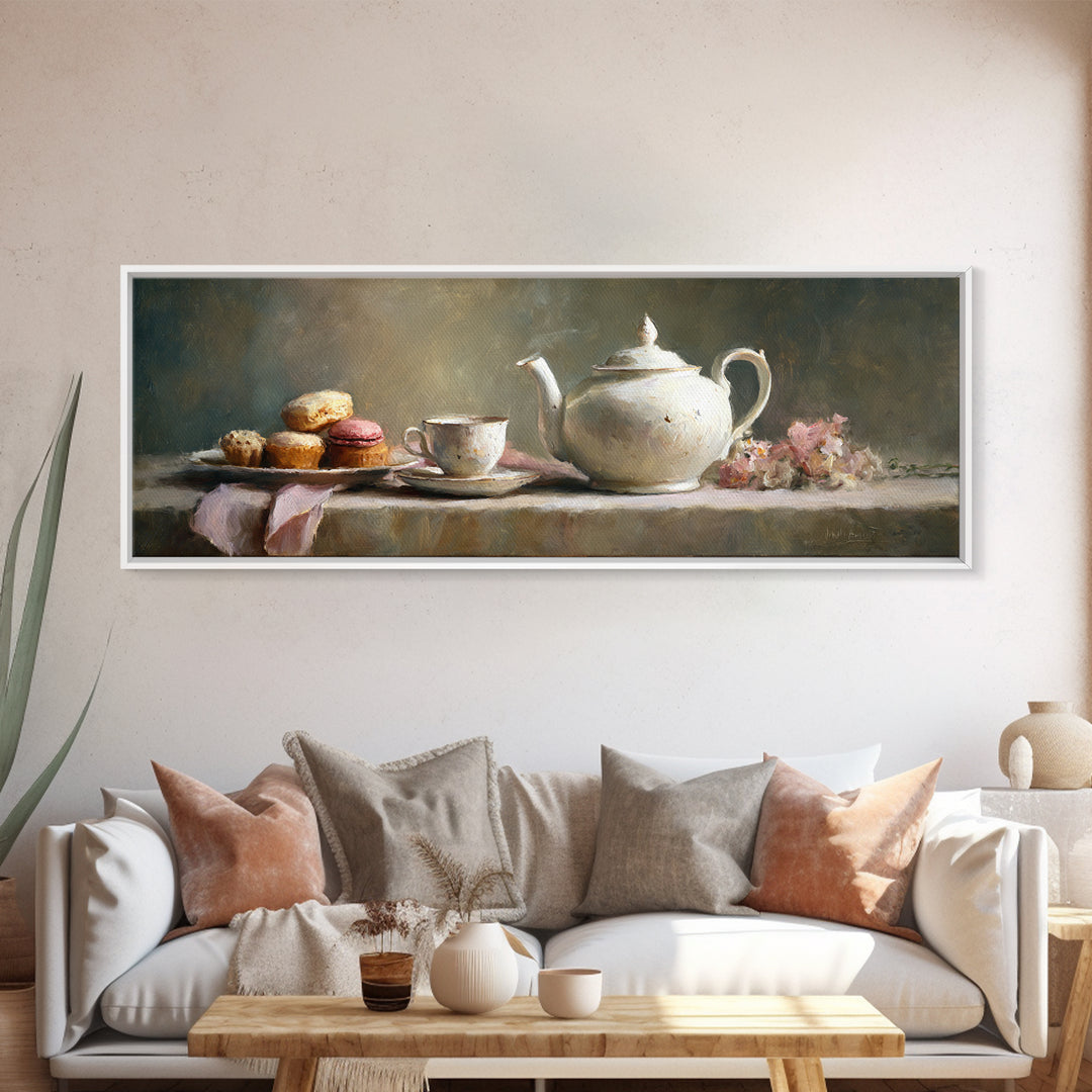 Porcelain Teapot and Scones Framed Canvas Print, Bed and Breakfast Art, Bedroom Art, Living Room Decor, Oil Painting, BAB-3x1-28