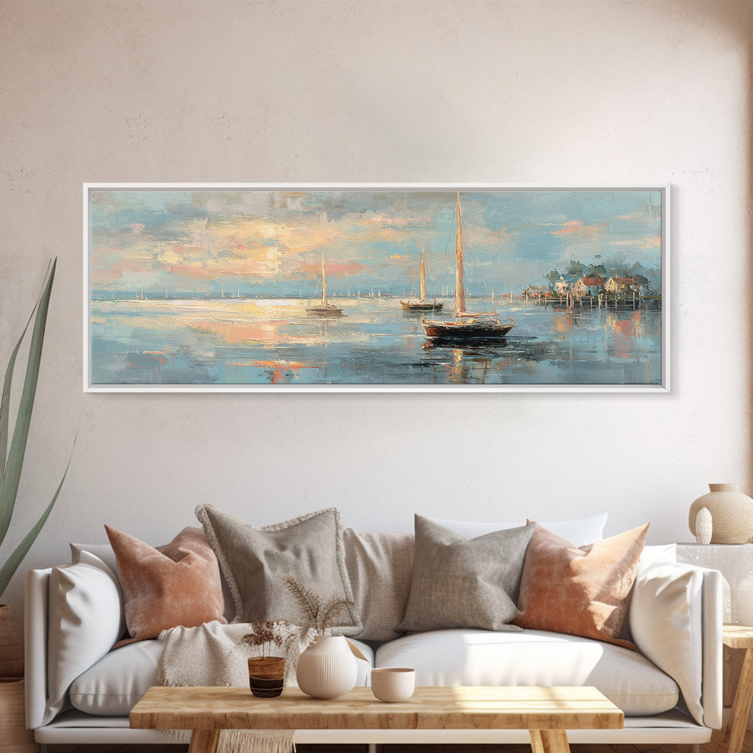 Coastal Inn Sailboat at Sunrise Canvas Print, Bed and Breakfast Art, Above Bed Decor, Living Room Decor, Fine Art, BAB-3x1-33