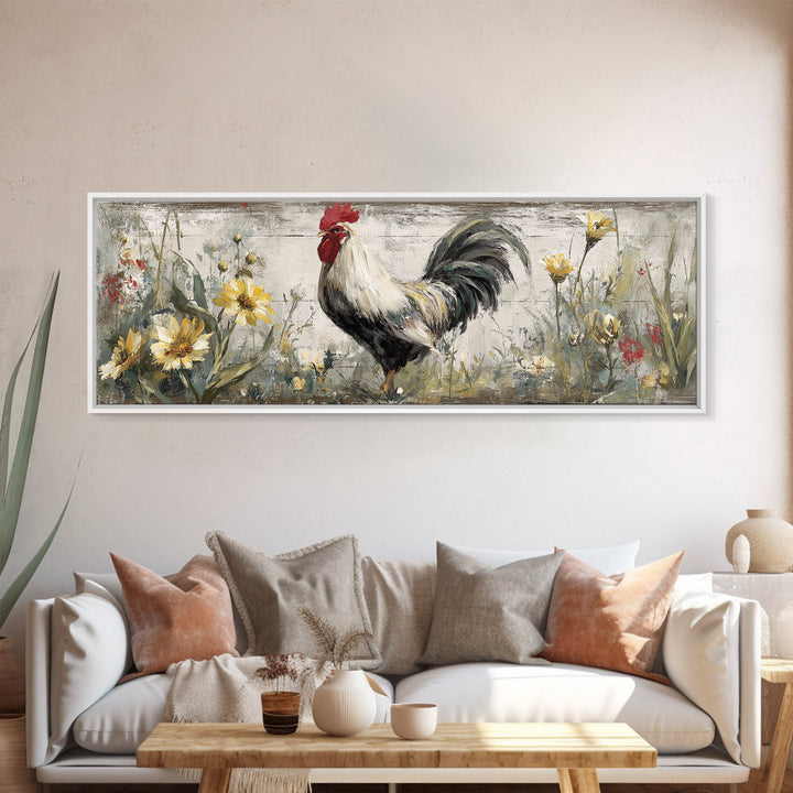 Rooster and Wildflower Country Portrait Canvas Print, Bed and Breakfast Art, Minimalist Decor, Living Room Decor, Oil Painting, BAB-3x1-35