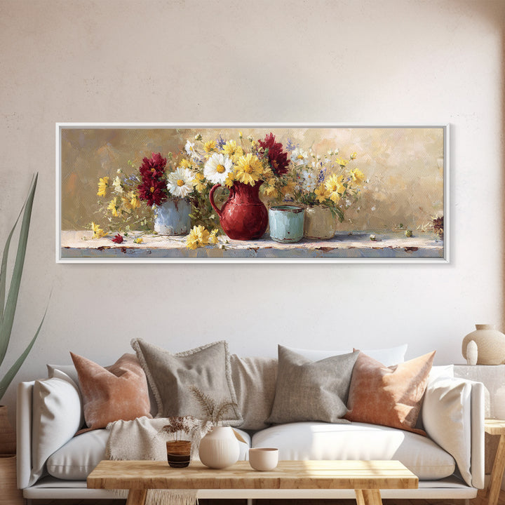 Country Wildflowers in a Chipped Ceramic Pitcher Canvas Print, Bed and Breakfast Art, Rustic Home Decor, Living Room Decor, BAB-3x1-41
