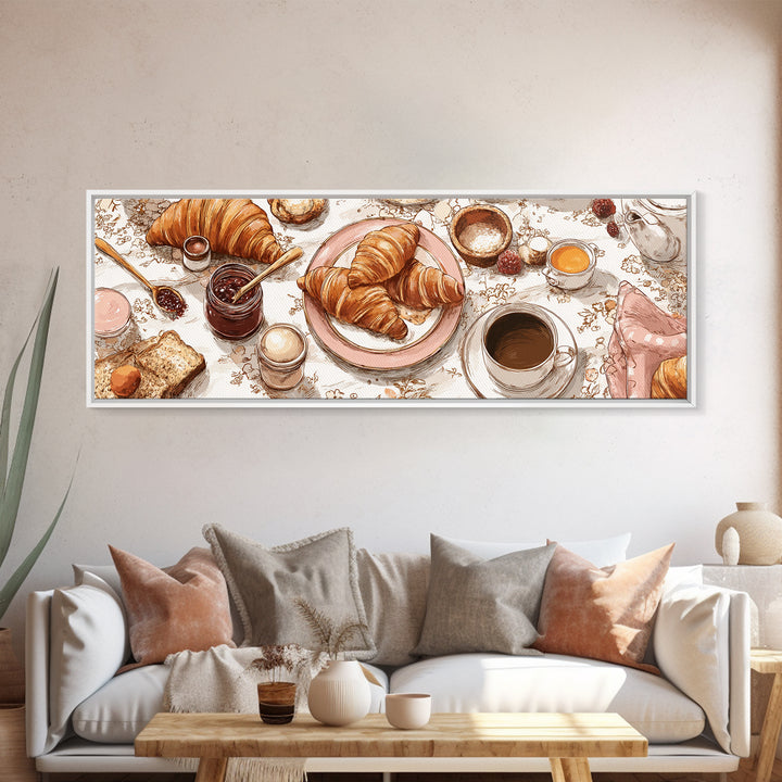 Fresh Croissants and Jam on a Linen Canvas Print, Bed and Breakfast Art, Bedroom Wall Art, Living Room Decor, Abstract Art, BAB-3x1-42