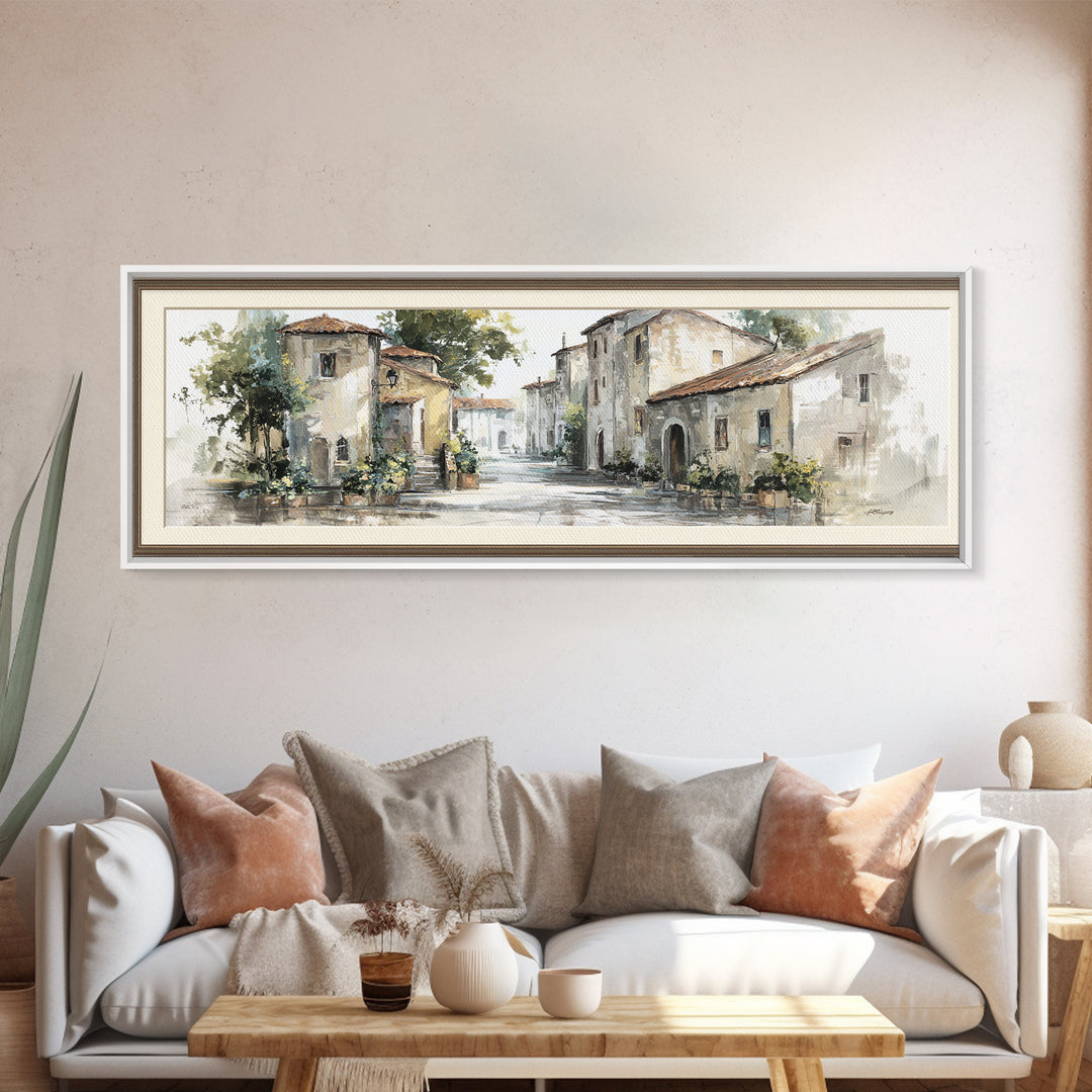 Soft Watercolor Village Street at Dawn Canvas Print, Bed and Breakfast Art, Farmhouse Wall Art, Living Room Decor, Fine Art, BAB-3x1-45