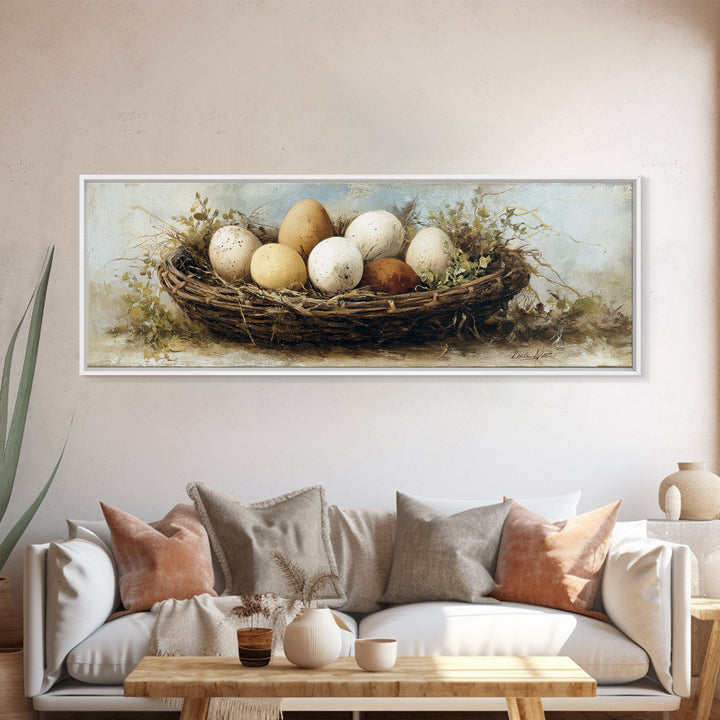 Fresh Eggs in a Woven Basket with Canvas Print, Bed and Breakfast Art, Bedroom Wall Decor, Living Room Decor, Fine Art, BAB-3x1-46