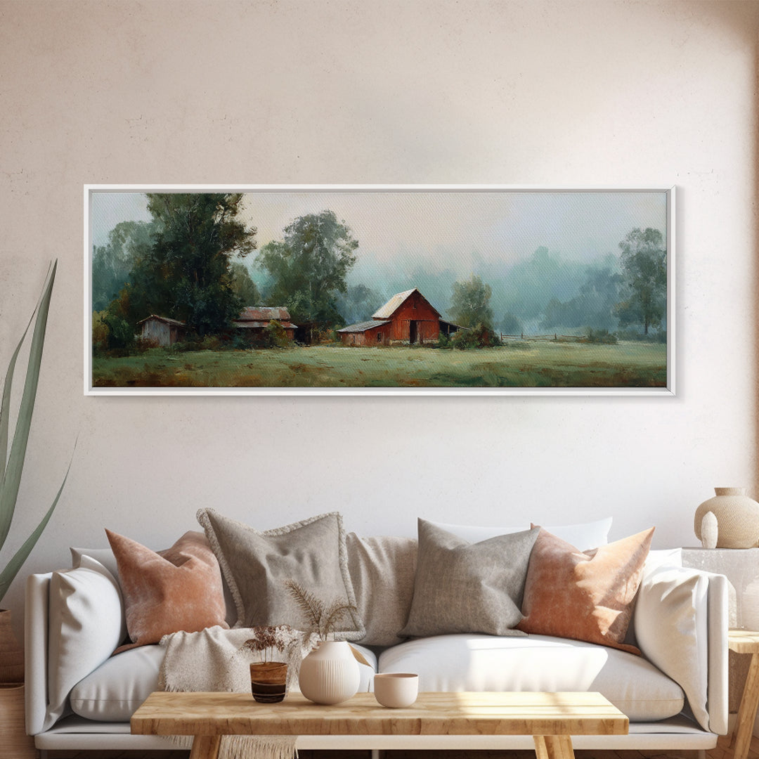 Old Farmhouse Landscape Framed Canvas Print, Bed and Breakfast Art, Digital Art, Living Room Decor, Fine Art, BAB-3x1-47