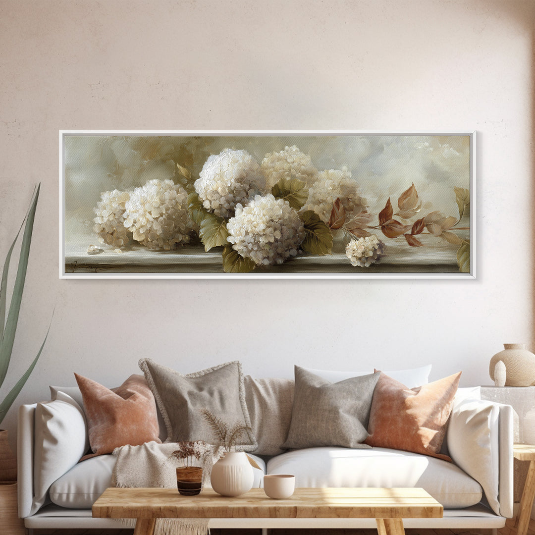 Sunlit Hydrangeas on a Windowsill Canvas Print, Bed and Breakfast Art, Living Room Decor, Watercolor Art, Folk Art, BAB-3x1-50