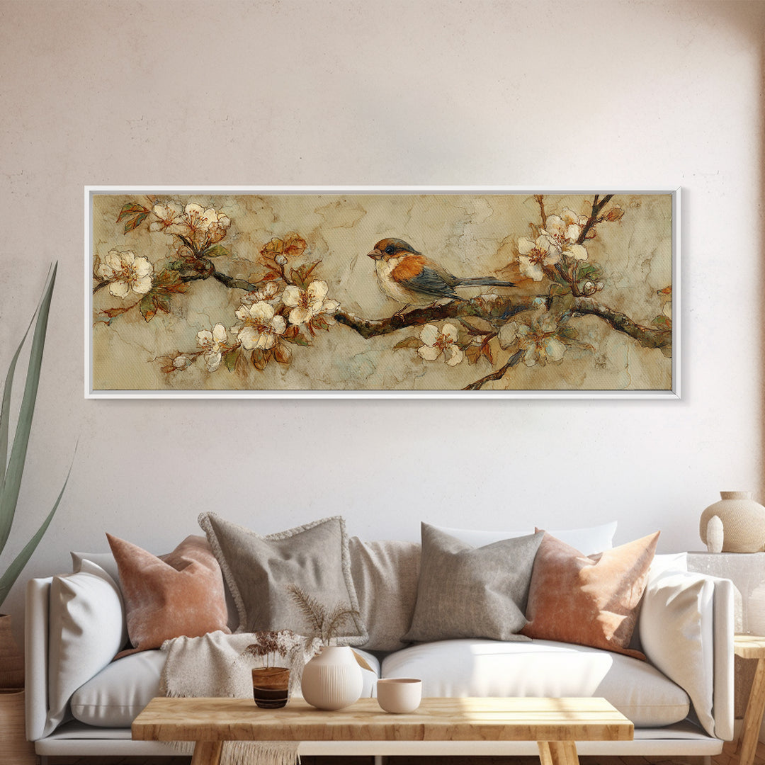 Small Bird on a Flowering Branch Canvas Print, Bed and Breakfast Art, Folk Art, Living Room Decor, Watercolor Art, BAB-3x1-54