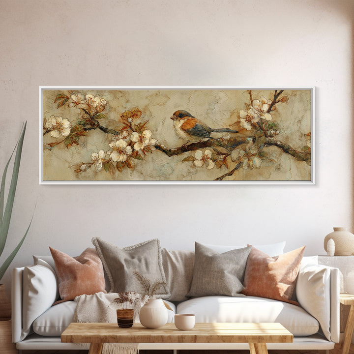 Small Bird on a Flowering Branch Canvas Print, Bed and Breakfast Art, Folk Art, Living Room Decor, Watercolor Art, BAB-3x1-54