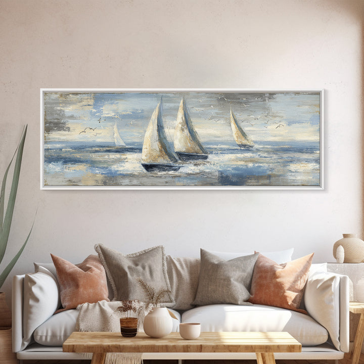 Coastal Inn Sailboat at Sunrise Framed Canvas Print, Bed and Breakfast Art, Folk Art, Living Room Decor, Fine Art, BAB-3x1-57