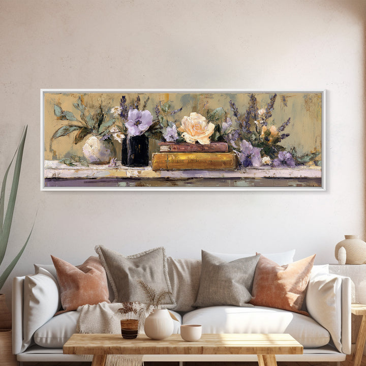 Warm Fireplace Still Life Framed Canvas Print, Bed and Breakfast Art, Bed, Living Room Decor, Oil Painting, Rustic Home Decor, BAB-3x1-58