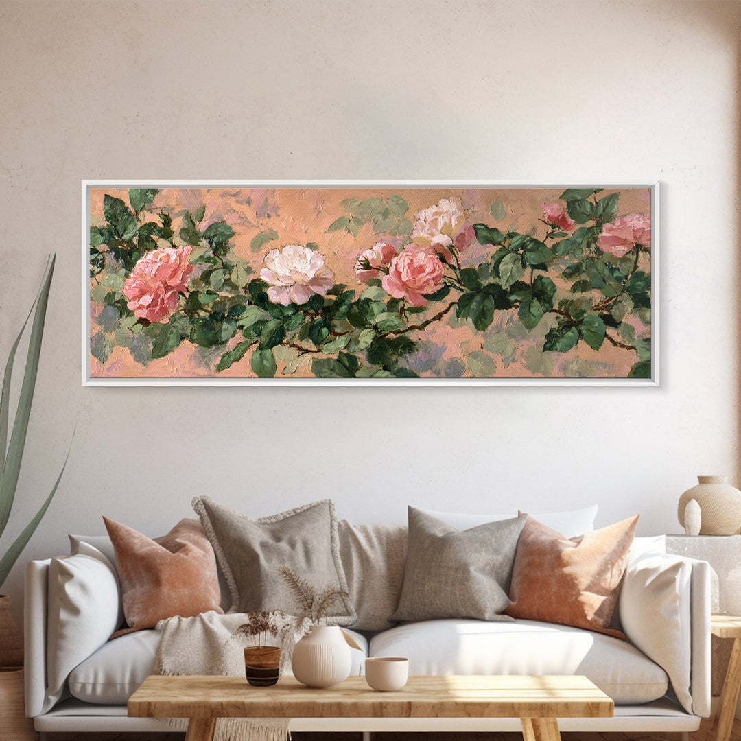 Garden Roses in Romantic Oil Paint Canvas Print, Bed and Breakfast Art, Bedroom Art, Living Room Decor, Watercolor Art, BAB-3x1-61